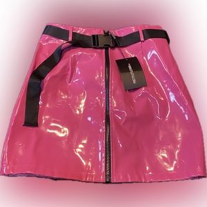 Neon Pink Vinyl Zip Front Belted Mini Skirt
